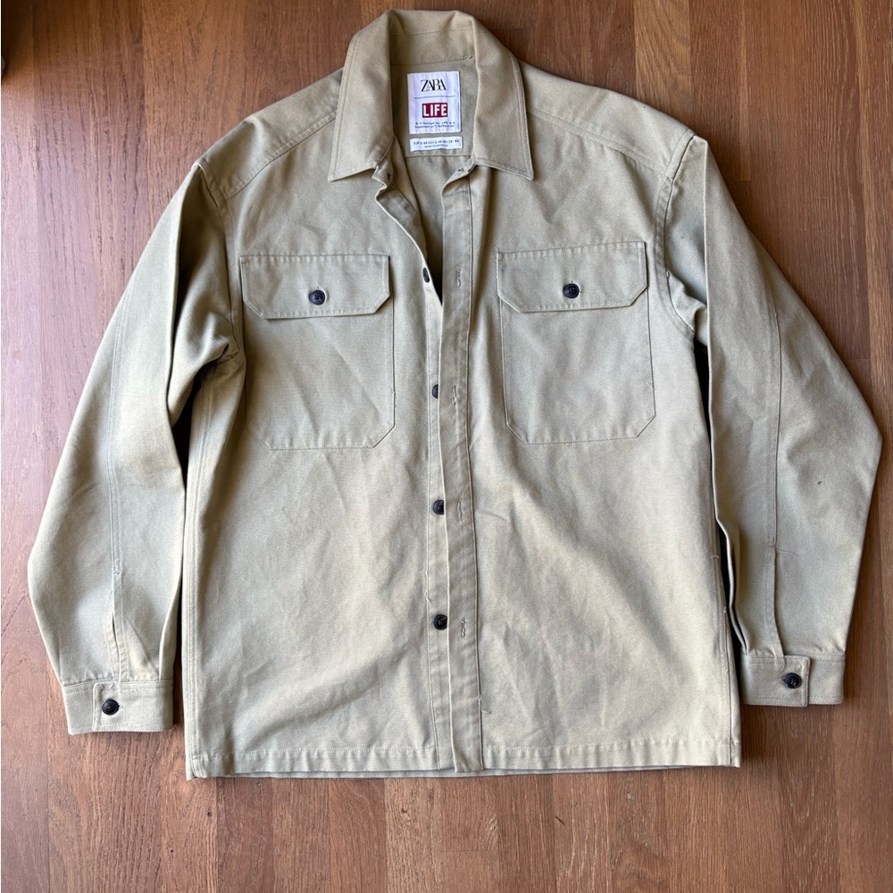 Zara + LIFE Magazine Mens Khaki Patches Overshirt Shirt Jacket Limited S-M